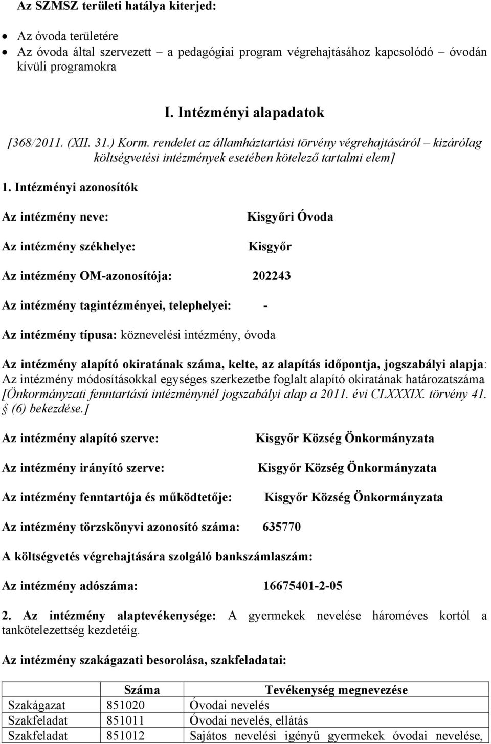 Intézményi azonosítók Az intézmény neve: Az intézmény székhelye: Kisgyőri Óvoda Kisgyőr Az intézmény OM-azonosítója: 202243 Az intézmény tagintézményei, telephelyei: - Az intézmény típusa: