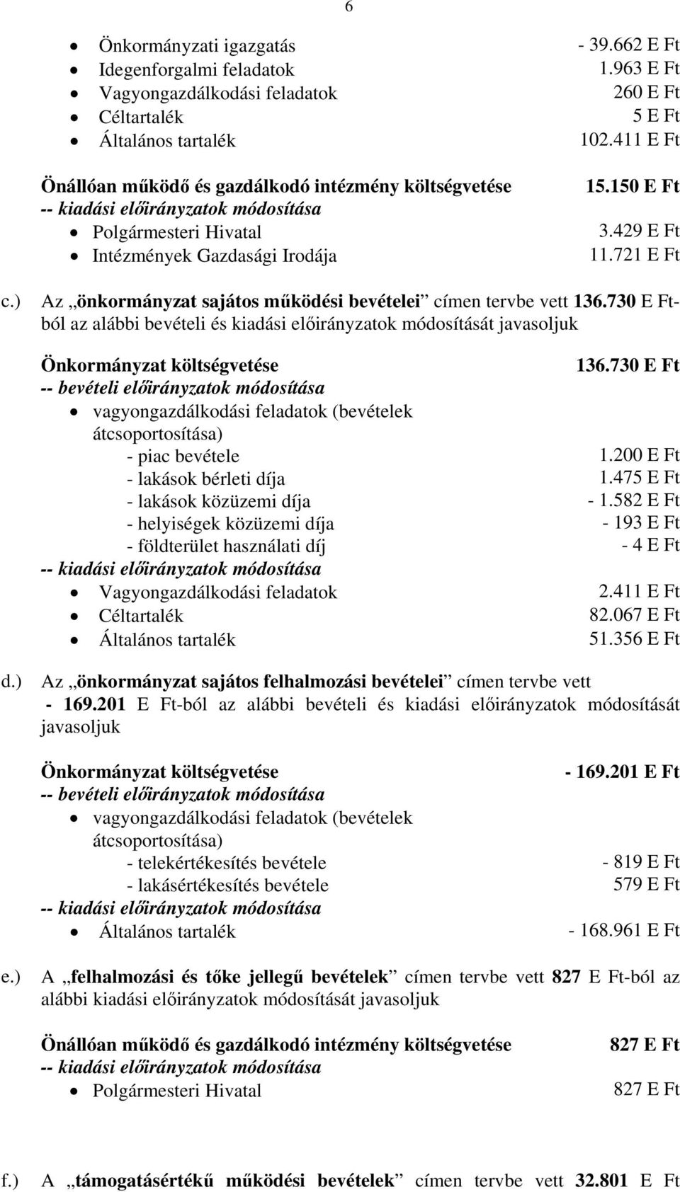 730 E Ftból az alábbi bevételi és kiadási előirányzatok módosítását javasoljuk Önkormányzat költségvetése 136.
