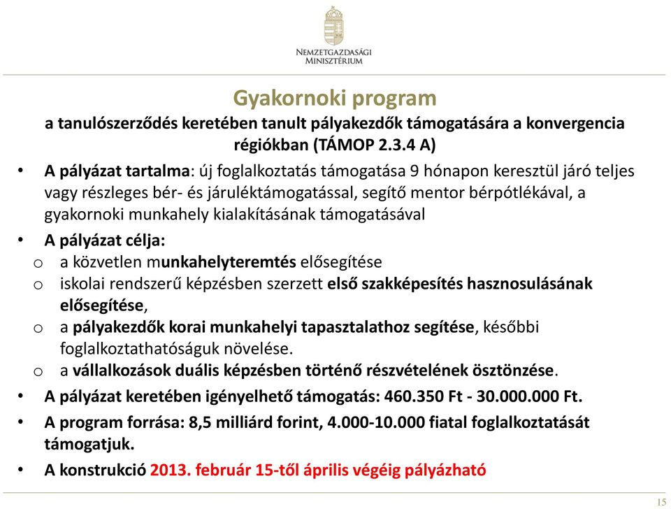 támogatásával A pályázat célja: o a közvetlen munkahelyteremtés elősegítése o iskolai rendszerű képzésben szerzett első szakképesítés hasznosulásának elősegítése, o a pályakezdők korai munkahelyi