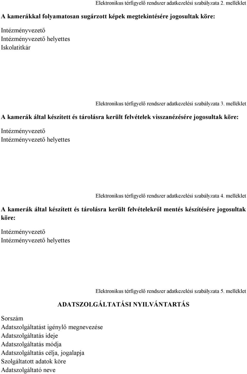 melléklet A kamerák által készített és tárolásra került felvételek visszanézésére jogosultak köre: Intézményvezető Intézményvezető helyettes Elektronikus térfigyelő rendszer adatkezelési szabályzata