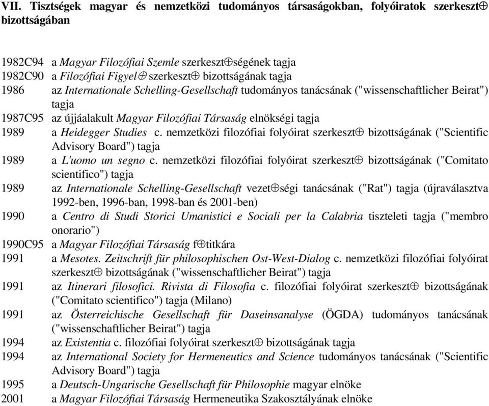 Heidegger Studies c. nemzetközi filozófiai folyóirat szerkeszt bizottságának ("Scientific Advisory Board") tagja 1989 a L'uomo un segno c.