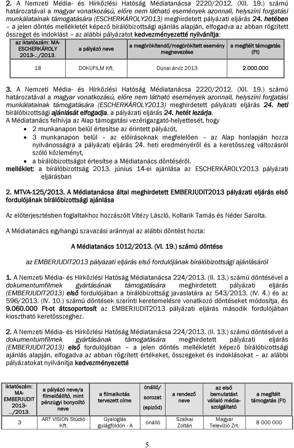hetében a jelen döntés mellékletét képező bírálóbizottsági ajánlás alapján, elfogadva az abban rögzített összeget és indoklást az alábbi pályázatot kedvezményezetté nyilvánítja: az iktatószám: MA-