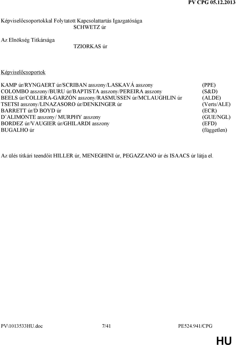 asszony/linazasoro úr/denkinger úr BARRETT úr/d BOYD úr D ALIMONTE asszony/ MURPHY asszony BORDEZ úr/vaugier úr/ghilardi asszony BUGALHO úr (PPE) (S&D)