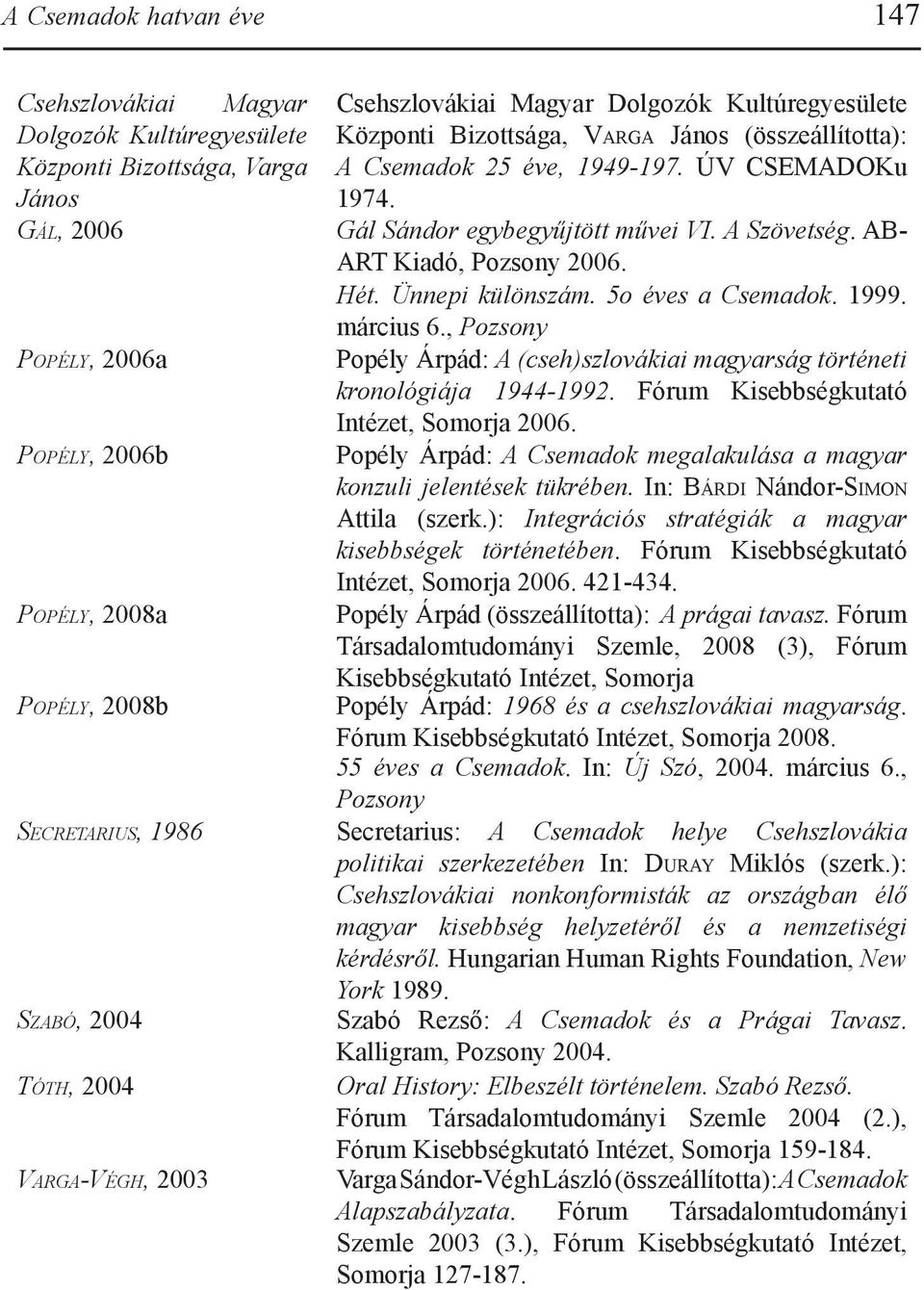 AB- ART Kiadó, Pozsony 2006. Hét. Ünnepi különszám. 5o éves a Csemadok. 1999. március 6., Pozsony Popély Árpád: A (cseh)szlovákiai magyarság történeti kronológiája 1944-1992.