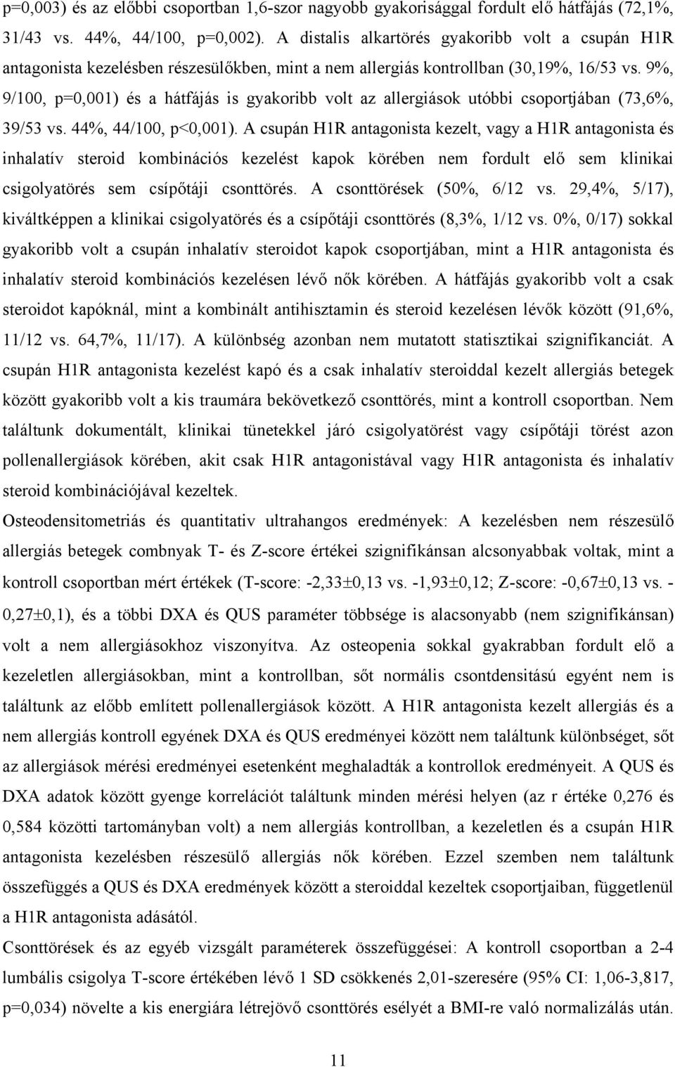 9%, 9/100, p=0,001) és a hátfájás is gyakoribb volt az allergiások utóbbi csoportjában (73,6%, 39/53 vs. 44%, 44/100, p<0,001).