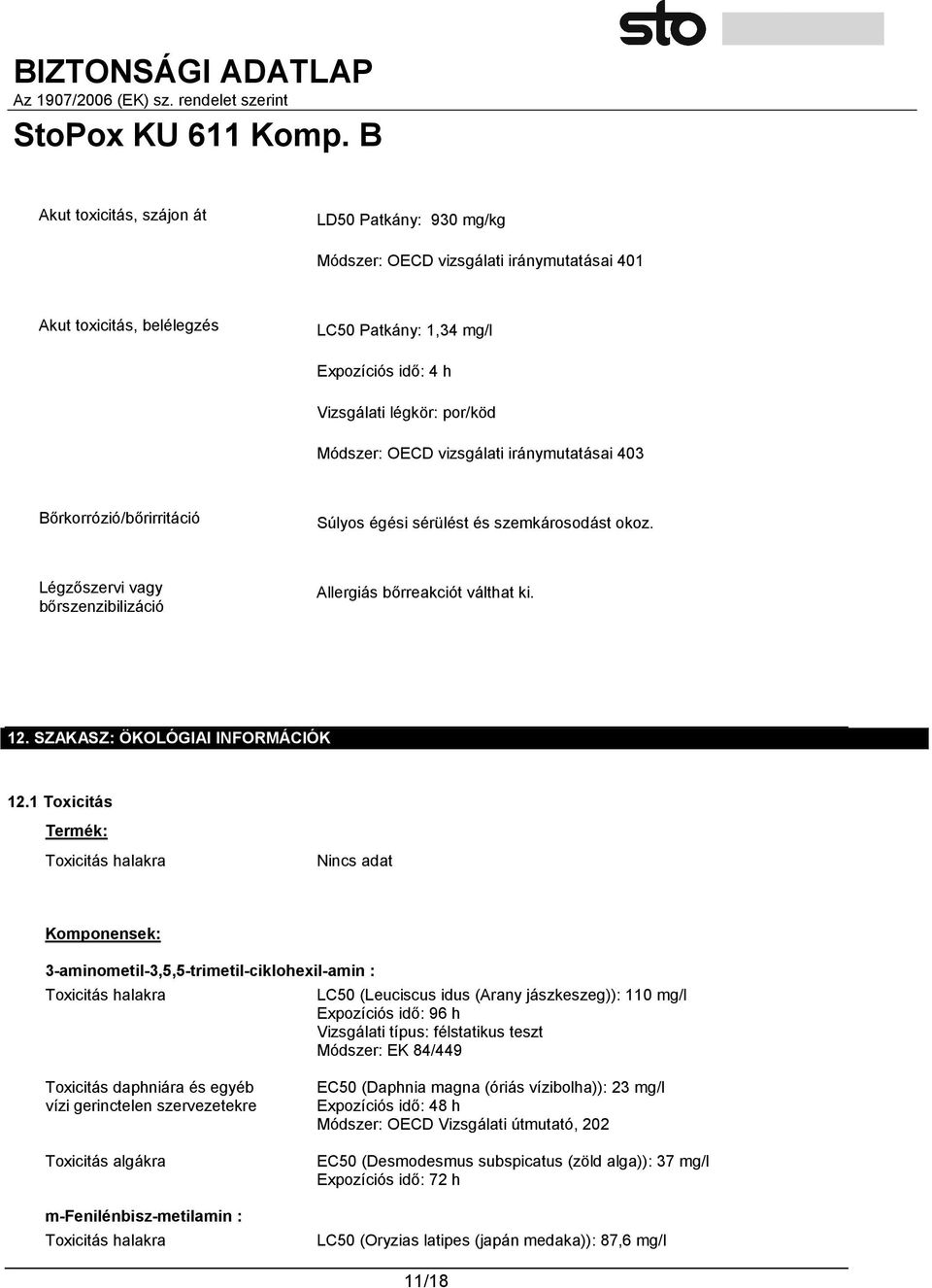 SZAKASZ: ÖKOLÓGIAI INFORMÁCIÓK 12.