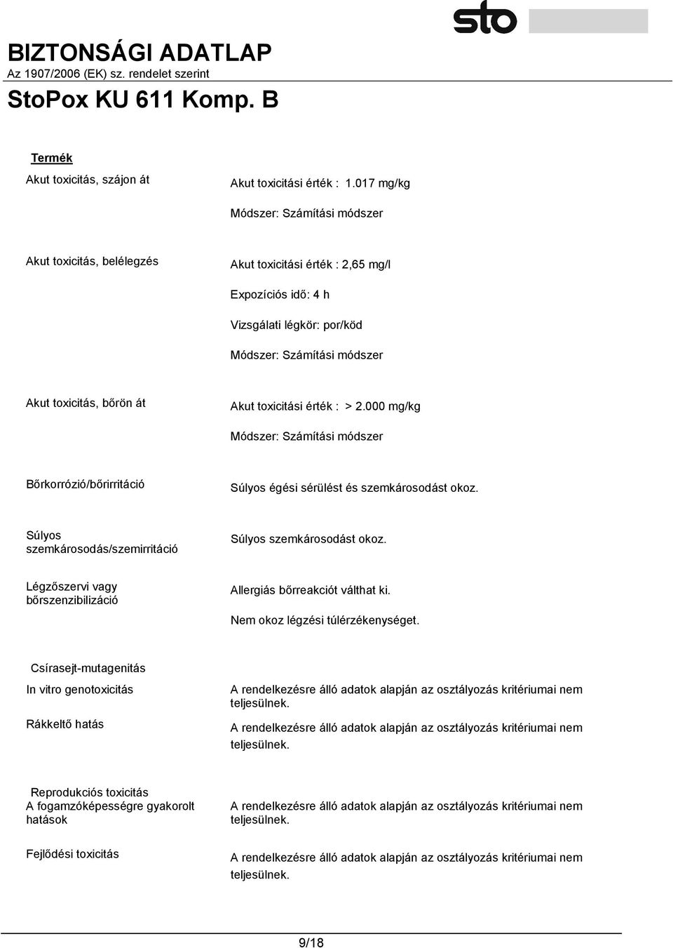 Akut toxicitási érték : > 2.000 mg/kg Módszer: Számítási módszer Bőrkorrózió/bőrirritáció Súlyos égési sérülést és szemkárosodást okoz. Súlyos szemkárosodás/szemirritáció Súlyos szemkárosodást okoz.