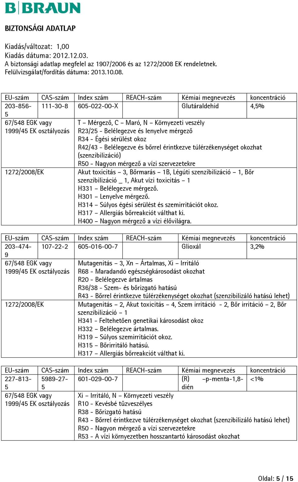 szervezetekre 1272/2008/EK Akut 3, Bőrmarás 1B, Légúti szenzibilizáció 1, Bőr szenzibilizáció _ 1, Akut vízi 1 H331 Belélegezve mérgező. H301 Lenyelve mérgező.