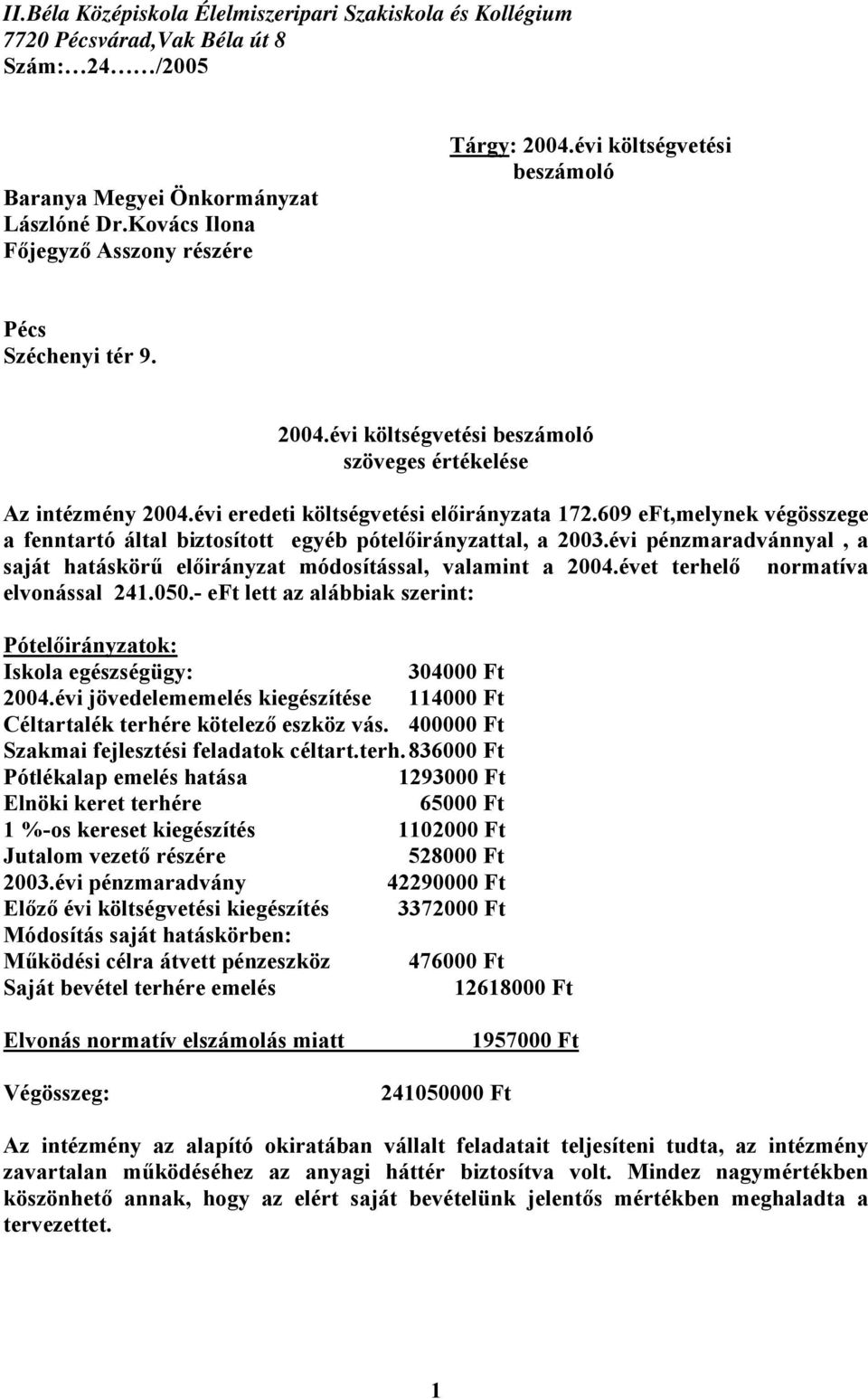 609 eft,melynek végösszege a fenntartó által biztosított egyéb pótelőirányzattal, a 2003.évi pénzmaradvánnyal, a saját hatáskörű előirányzat módosítással, valamint a 2004.