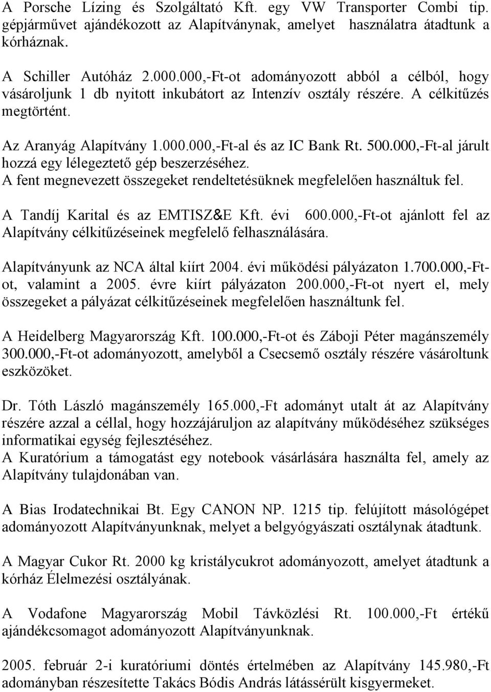 000,-Ft-al járult hozzá egy lélegeztető gép beszerzéséhez. A fent megnevezett összegeket rendeltetésüknek megfelelően használtuk fel. A Tandíj Karital és az EMTISZ&E Kft. évi 600.