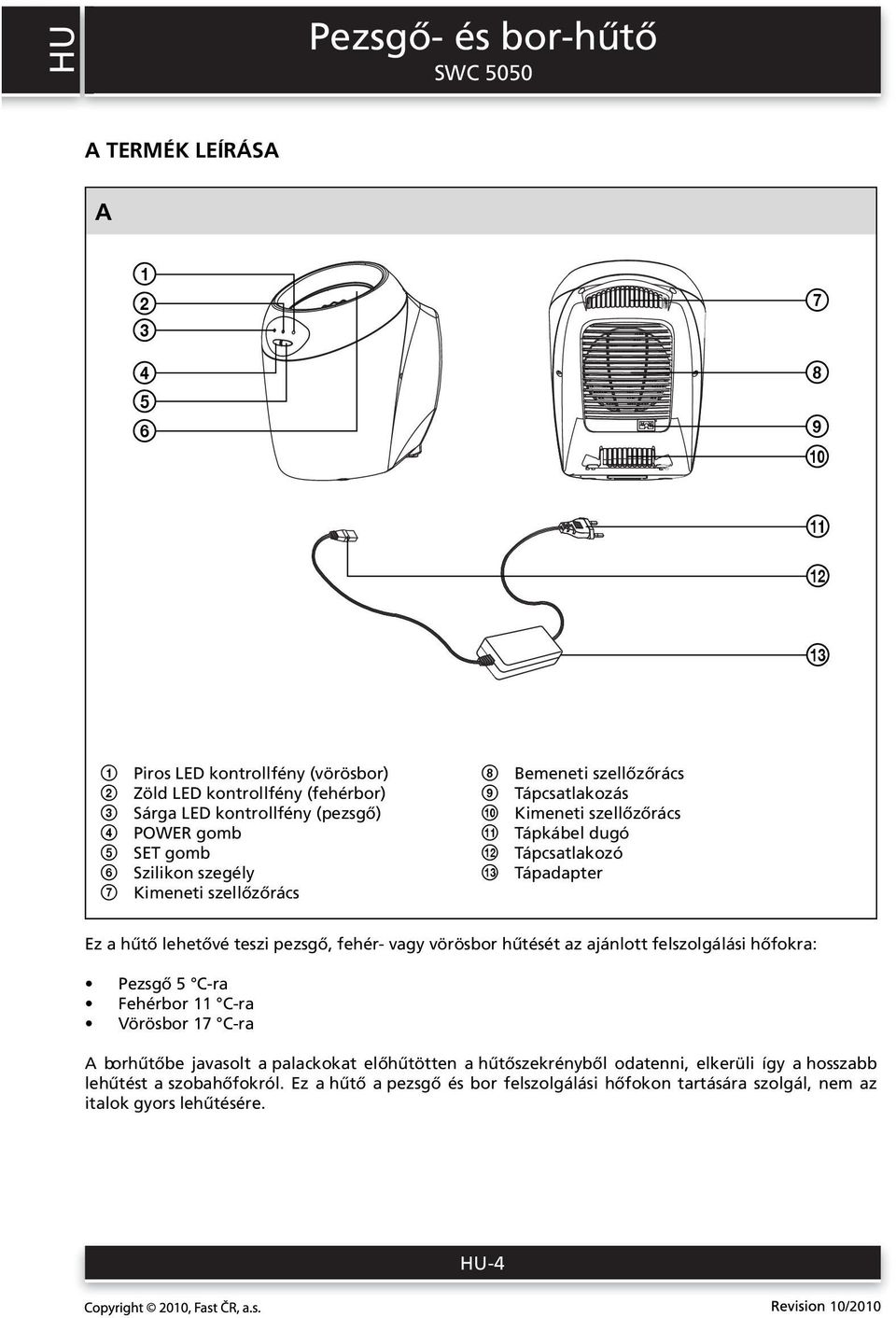 hűtő lehetővé teszi pezsgő, fehér- vagy vörösbor hűtését az ajánlott felszolgálási hőfokra: Pezsgő 5 C-ra Fehérbor 11 C-ra Vörösbor 17 C-ra A borhűtőbe javasolt a palackokat