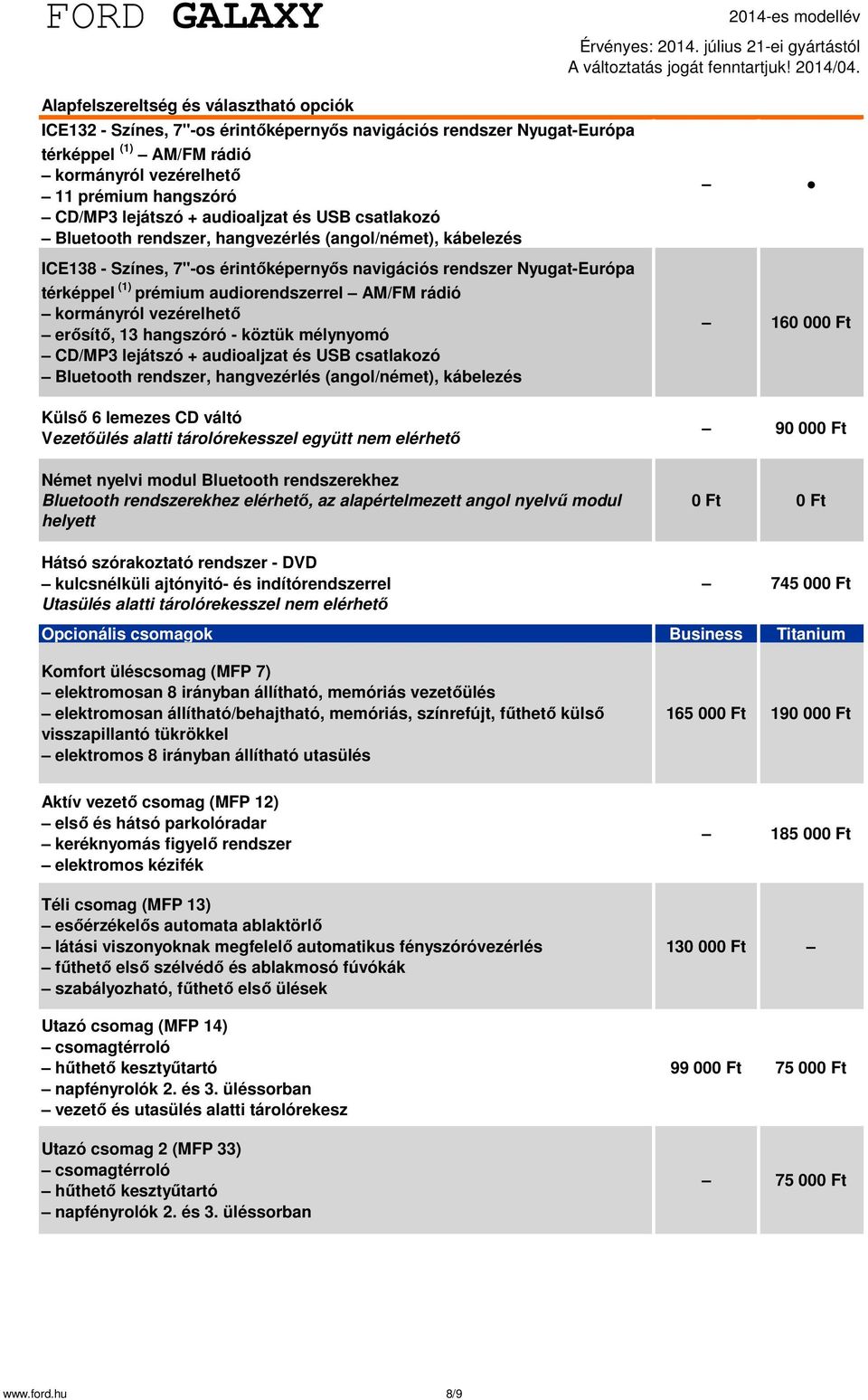 mélynyomó CD/MP3 lejátszó + audioaljzat és USB csatlakozó Bluetooth rendszer, hangvezérlés (angol/német), kábelezés Külső 6 lemezes CD váltó Vezetőülés alatti tárolórekesszel együtt nem elérhető