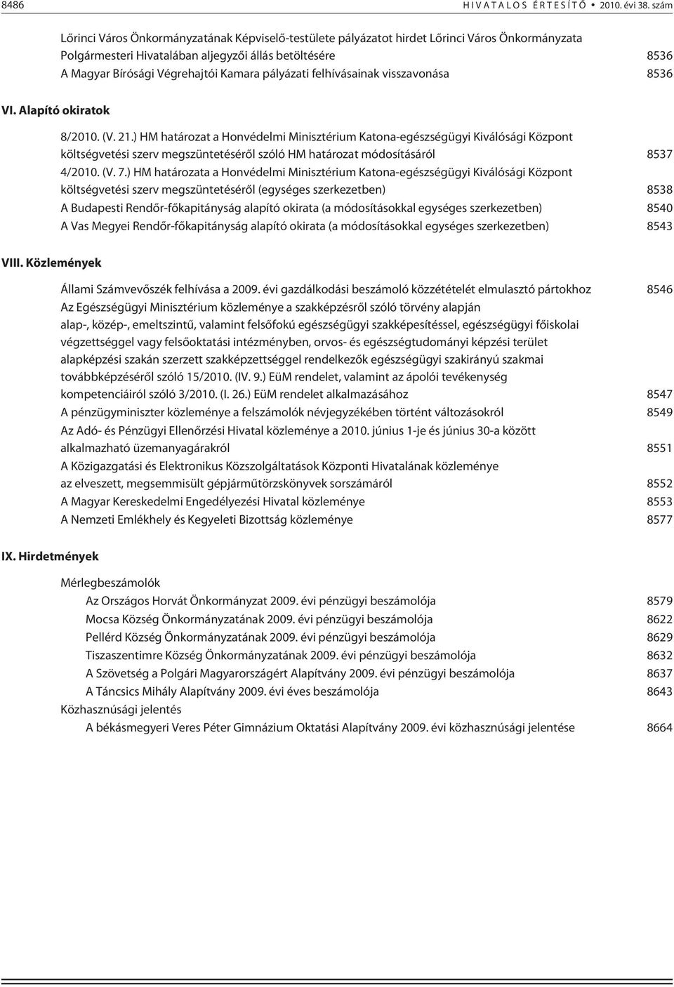 pályázati felhívásainak visszavonása 8536 VI. Alapító okiratok 8/2010. (V. 21.