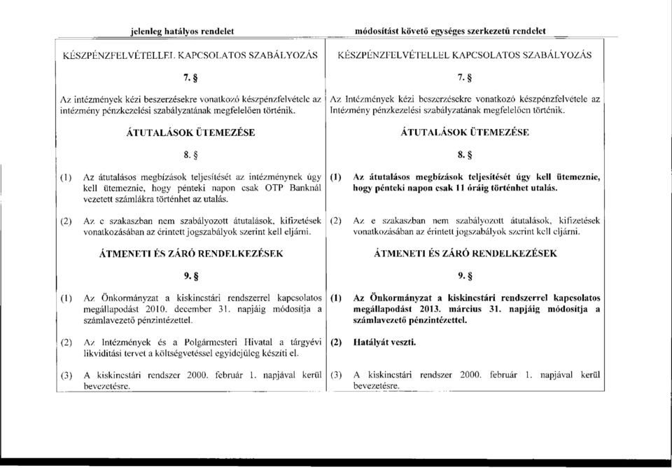 (1) Az átutalásos megbízások teljesítését az intézménynek úgy kell ütemeznie, hogy pénteki napon csak OTP Banknál vezetett számlákra történhet az utalás.