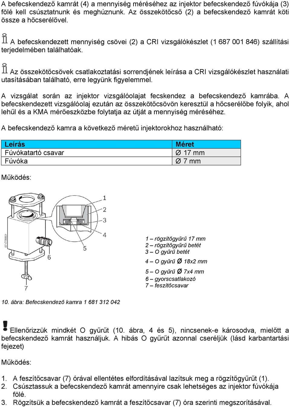 Az összekötőcsövek csatlakoztatási sorrendjének leírása a CRI vizsgálókészlet használati utasításában található, erre legyünk figyelemmel.
