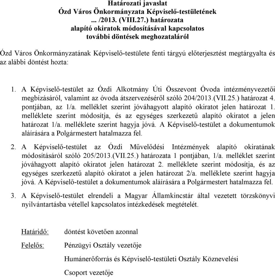 hozta: 1. A Képviselő-testület az Ózdi Alkotmány Úti Összevont Óvoda intézményvezetői megbízásáról, valamint az óvoda átszervezéséről szóló 204/2013.(VII.25.) határozat 4. pontjában, az 1/a.