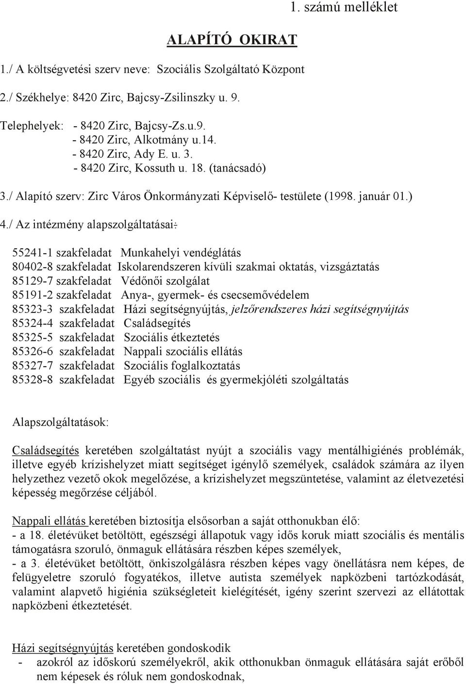 / Az intézmény alapszolgáltatásai: 55241-1 szakfeladat Munkahelyi vendéglátás 80402-8 szakfeladat Iskolarendszeren kívüli szakmai oktatás, vizsgáztatás 85129-7 szakfeladat Védőnői szolgálat 85191-2