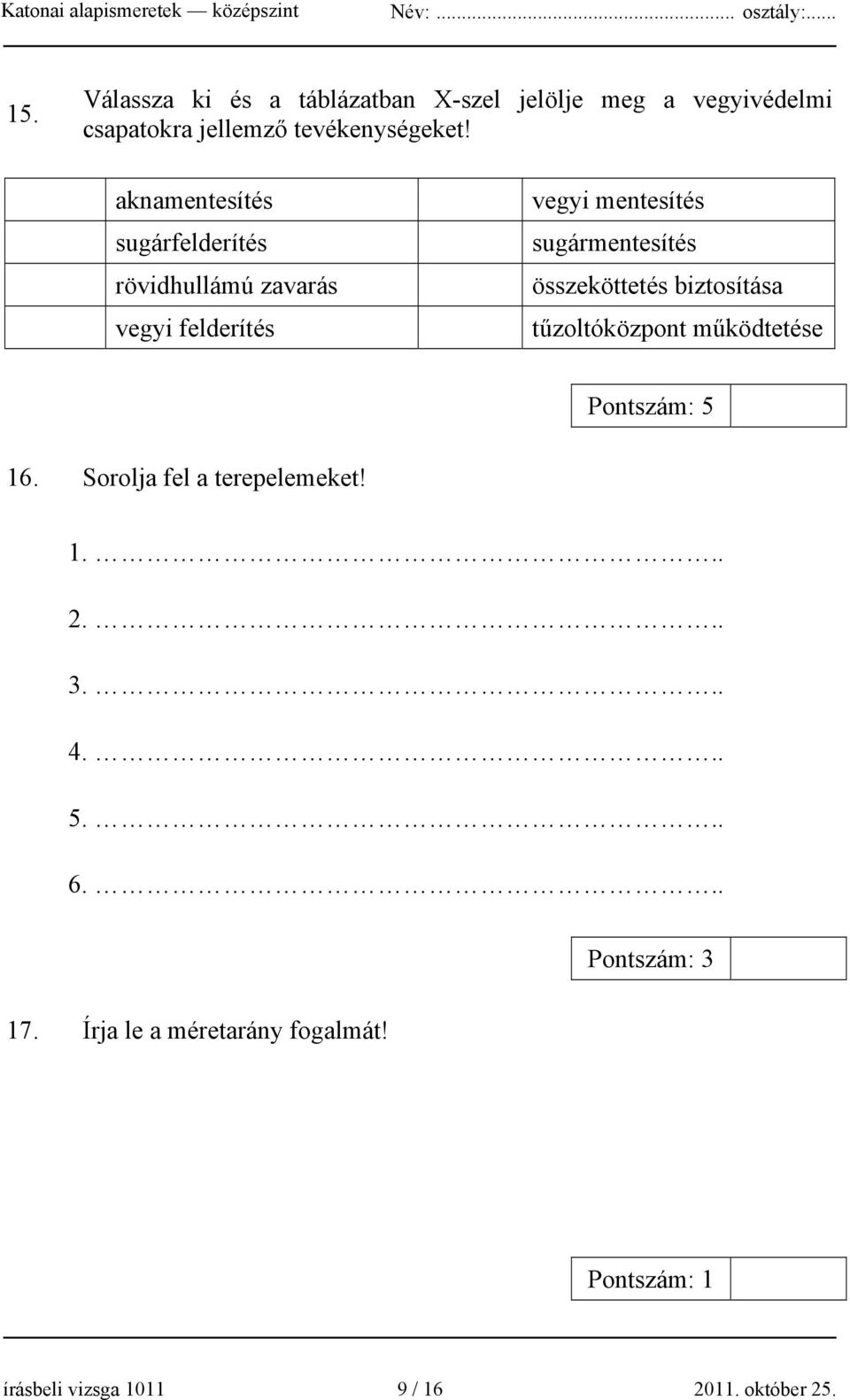 összeköttetés biztosítása tűzoltóközpont működtetése Pontszám: 5 16. Sorolja fel a terepelemeket! 1... 2... 3.