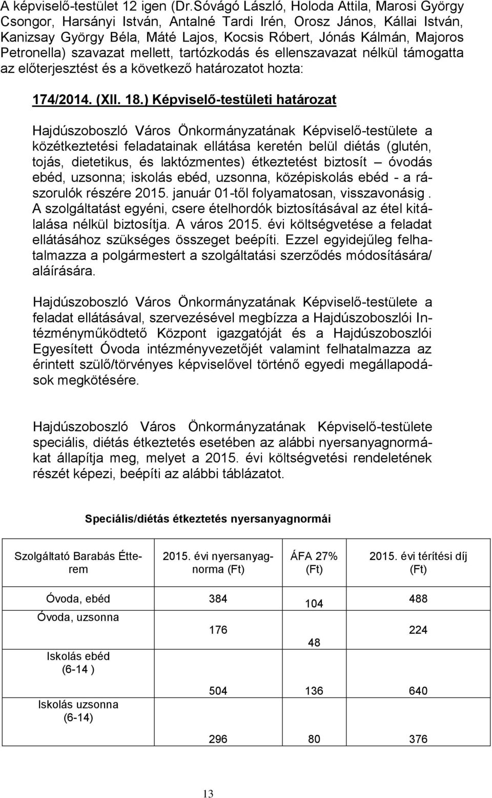 Petronella) szavazat mellett, tartózkodás és ellenszavazat nélkül támogatta az előterjesztést és a következő határozatot hozta: 174/2014. (XII. 18.