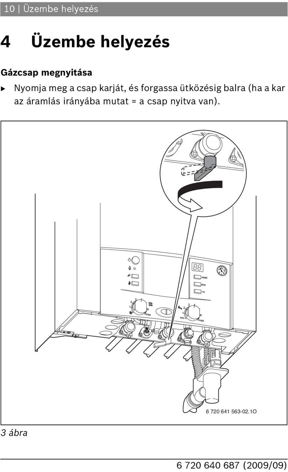 forgassa ütközésig balra (ha a kar az áramlás