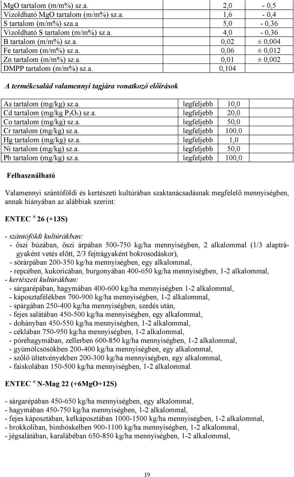 a. 20,0 Co tartalom (mg/kg) sz.a. 50,0 Cr tartalom (mg/kg) sz.a. 100,0 Hg tartalom (mg/kg) sz.a. 1,0 Ni tartalom (mg/kg) sz.a. 50,0 Pb tartalom (mg/kg) sz.a. 100,0 Felhasználható Valamennyi