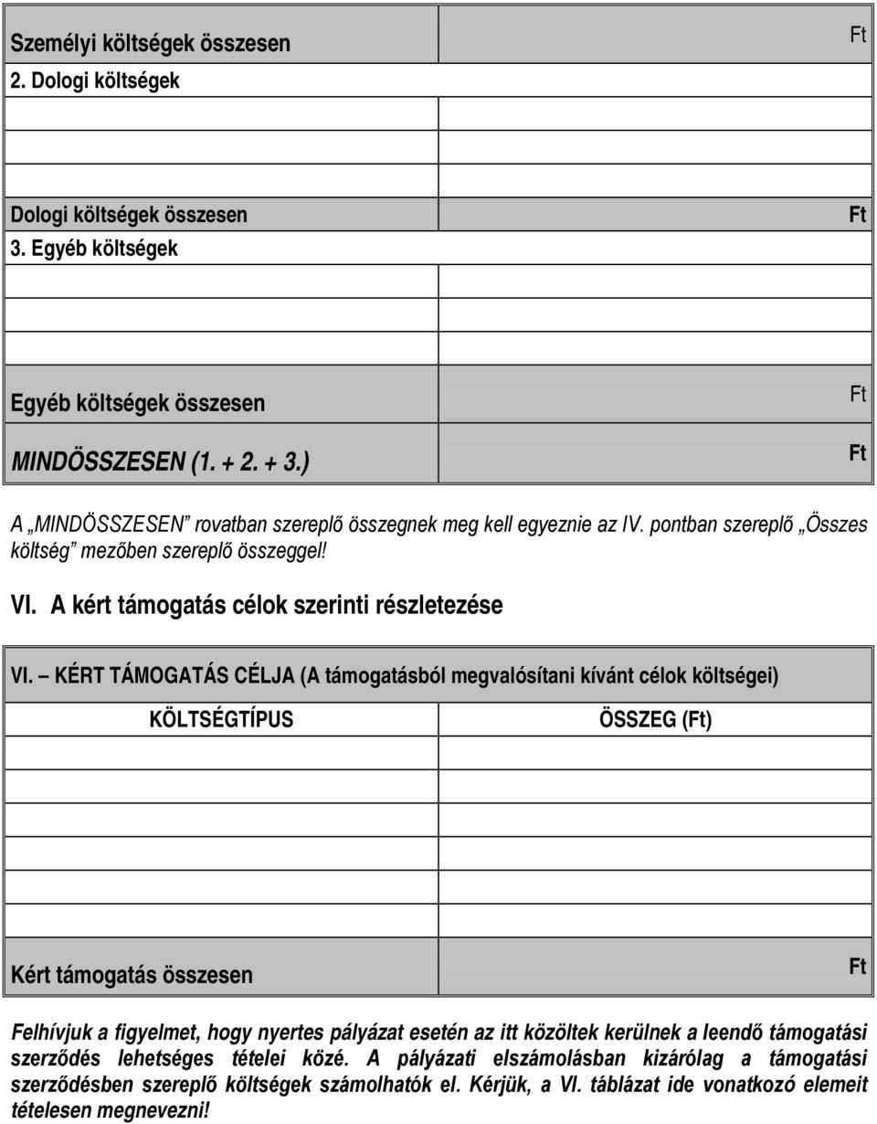 KÉRT TÁMOGATÁS CÉLJA (A támogatásból megvalósítani kívánt célok költségei) KÖLTSÉGTÍPUS ÖSSZEG () Kért támogatás összesen Felhívjuk a figyelmet, hogy nyertes pályázat esetén az itt