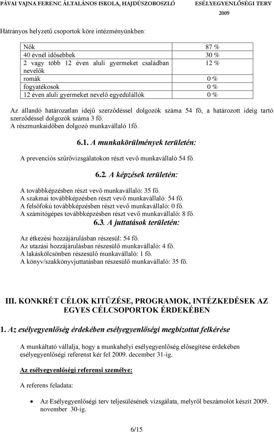 ő. 6.1. A munkakörülmények területén: A prevenciós szűrővizsgálatokon részt vevő munkavállaló 54 fő. 6.2. A képzések területén: A továbbképzésben részt vevő munkavállaló: 35 fő.