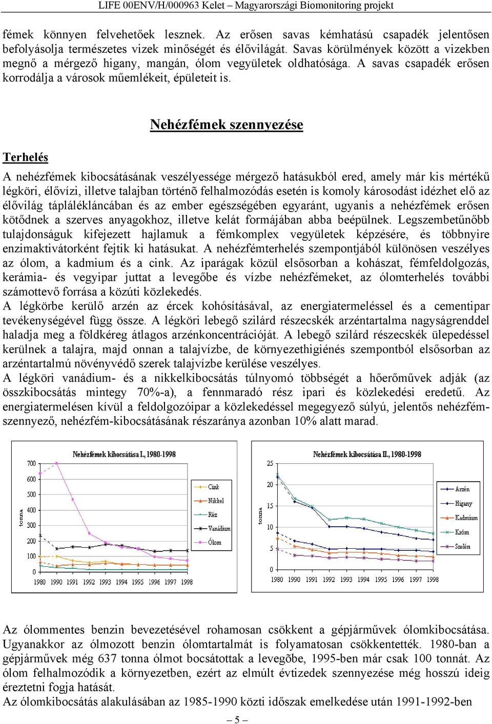 Terhelés Nehézfémek szennyezése A nehézfémek kibocsátásának veszélyessége mérgező hatásukból ered, amely már kis mértékű légköri, élővízi, illetve talajban történõ felhalmozódás esetén is komoly