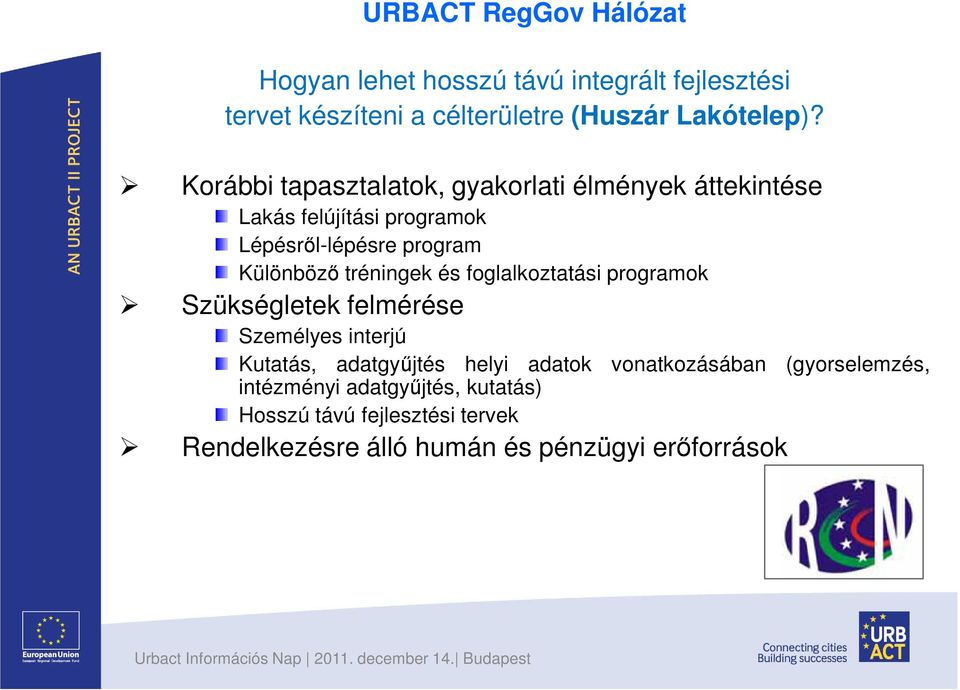 tréningek és foglalkoztatási programok Szükségletek felmérése Személyes interjú Kutatás, adatgyűjtés helyi adatok