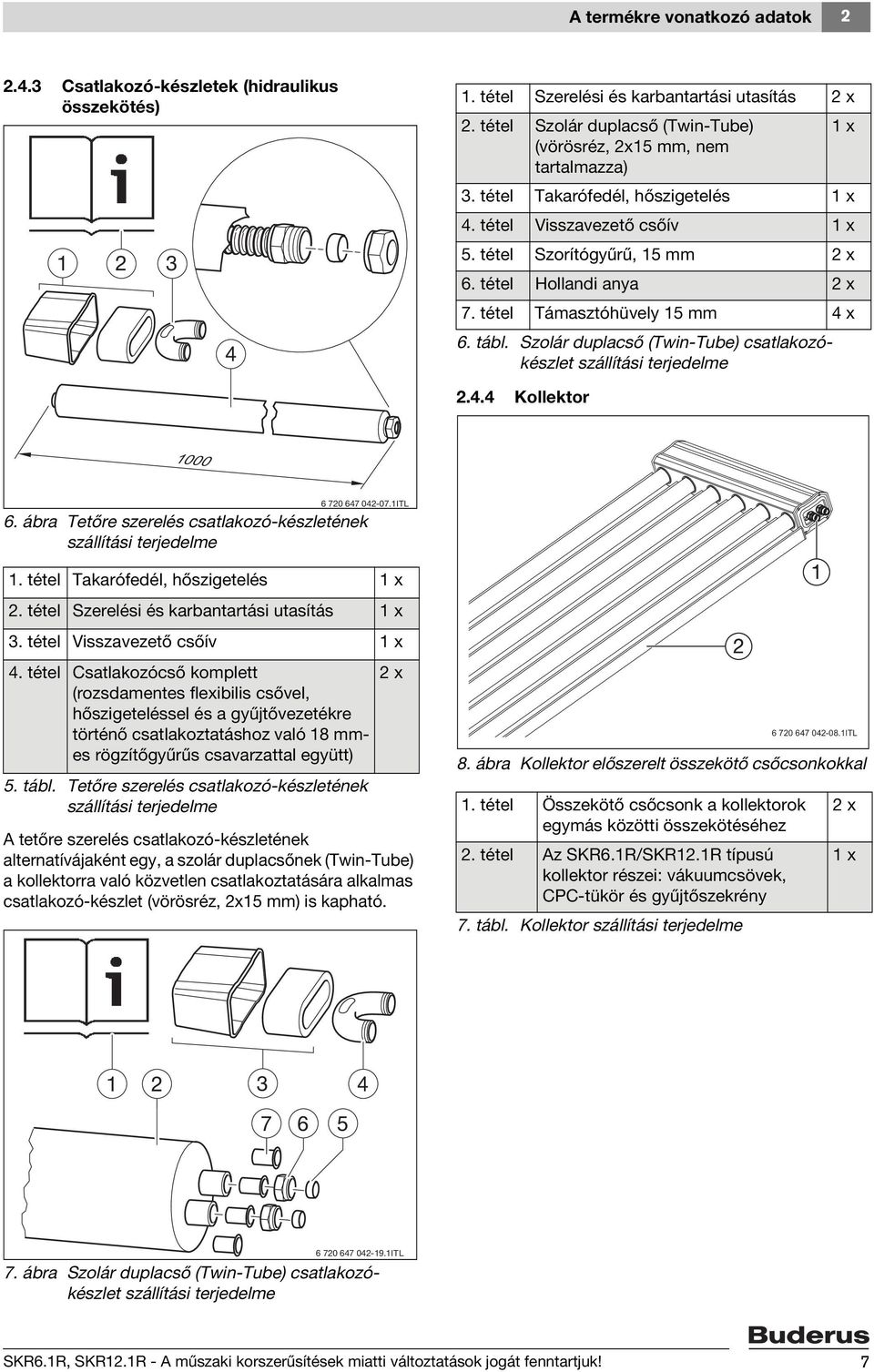 tétel Hollandi anya 2 x 7. tétel Támasztóhüvely 15 mm 4 x 6. tábl. Szolár duplacső (Twin-Tube) csatlakozókészlet szállítási terjedelme 2.4.4 Kollektor 1000 6 720 647 042-07.1ITL 6.