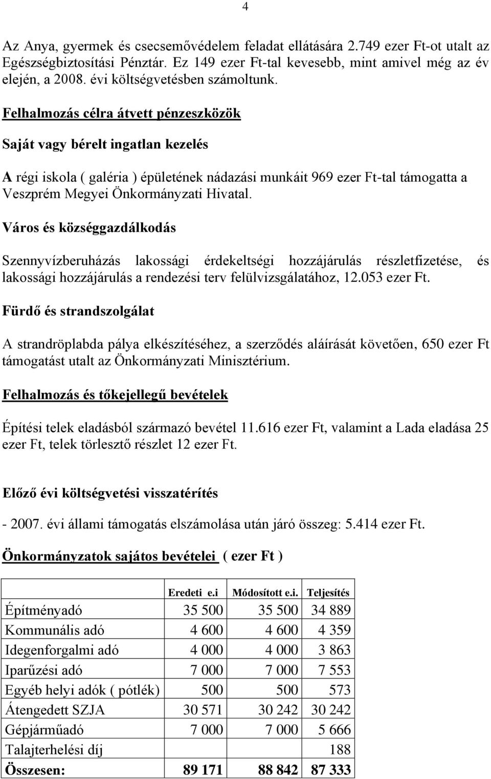 Felhalmozás célra átvett pénzeszközök Saját vagy bérelt ingatlan kezelés A régi iskola ( galéria ) épületének nádazási munkáit 969 ezer Ft-tal támogatta a Veszprém Megyei Önkormányzati Hivatal.