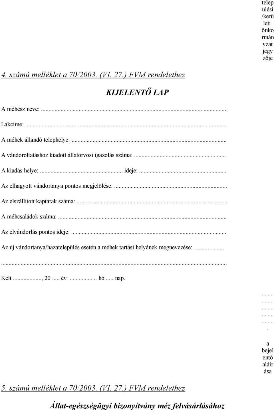 . Az elhagyott vándortanya pontos megjelölése:... Az elszállított kaptárak száma:... A méhcsaládok száma: Az elvándorlás pontos ideje:.