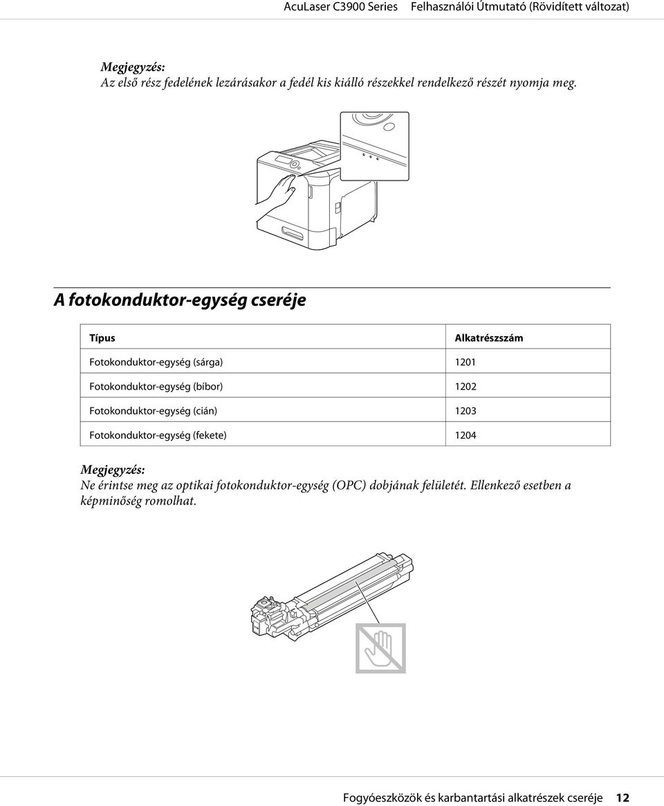 (bíbor) 1202 Fotokonduktor-egység (cián) 1203 Fotokonduktor-egység (fekete) 1204 Ne érintse meg az optikai