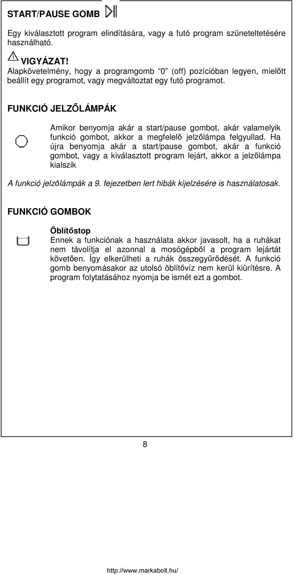 FUNKCIÓ JELZŐLÁMPÁK Amikor benyomja akár a start/pause gombot, akár valamelyik funkció gombot, akkor a megfelelő jelzőlámpa felgyullad.