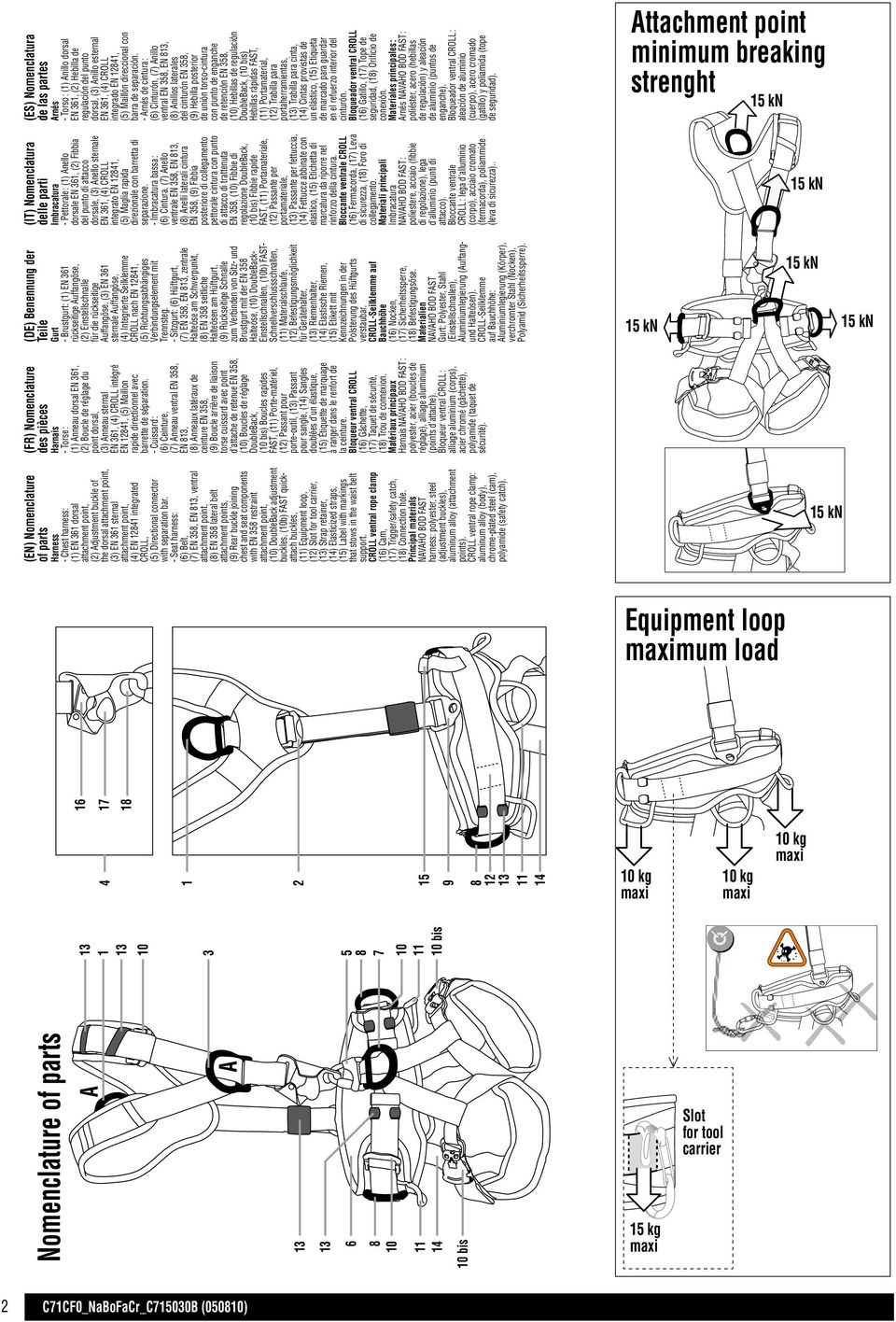 - rnés de cintura : (6) Cinturón, (7) nillo ventral EN 358, EN 83, (8) nillos laterales del cinturón EN 358, (9) Hebilla posterior de unión torso-cintura con punto de enganche de retención EN 358,