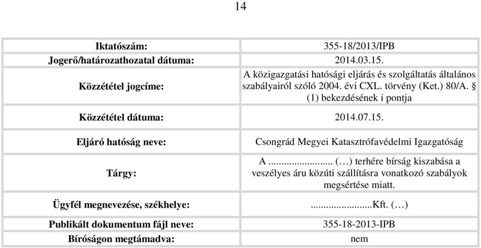 (1) bekezdésének i pontja Közzététel dátuma: 2014.07.15.