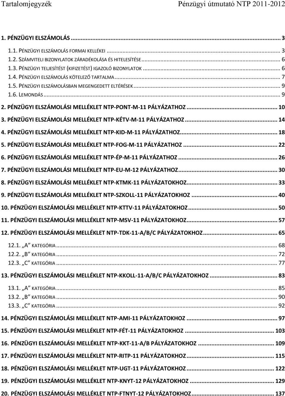 PÉNZÜGYI ELSZÁMOLÁSI MELLÉKLET NTP-KÉTV-M-11 PÁLYÁZATHOZ... 14 4. PÉNZÜGYI ELSZÁMOLÁSI MELLÉKLET NTP-KID-M-11 PÁLYÁZATHOZ... 18 5. PÉNZÜGYI ELSZÁMOLÁSI MELLÉKLET NTP-FOG-M-11 PÁLYÁZATHOZ... 22 6.