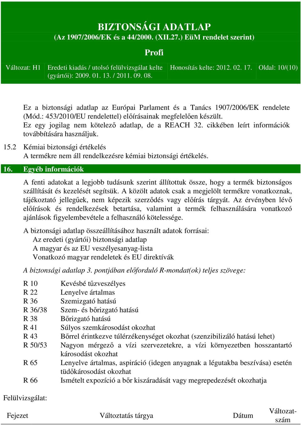 16. Egyéb információk A fenti adatokat a legjobb tudásunk szerint állítottuk össze, hogy a termék biztonságos szállítását és kezelését segítsük.