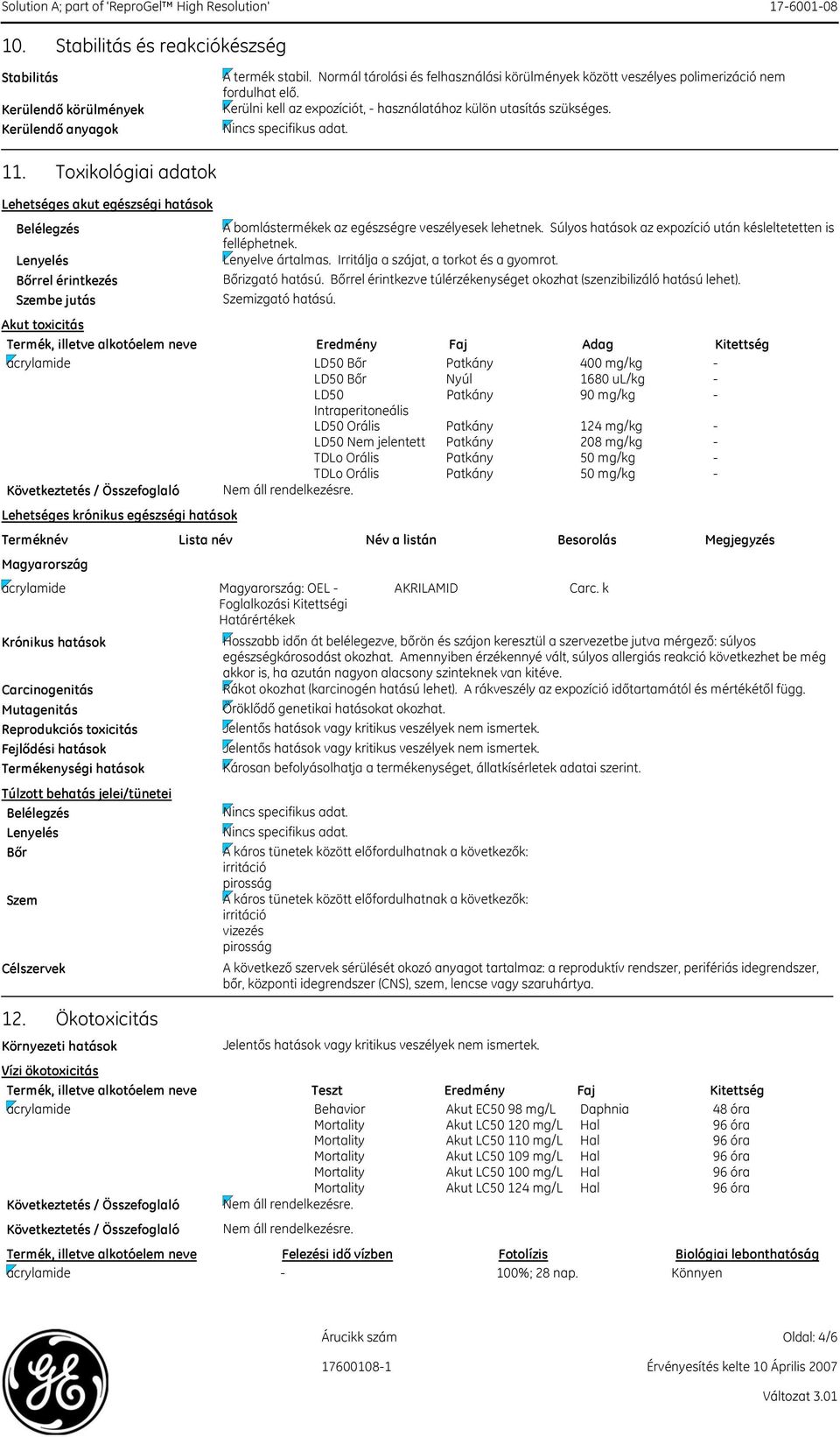 Toxikológiai adatok Lehetséges akut egészségi hatások Belélegzés Lenyelés Bőrrel érintkezés Szembe jutás acrylamide : OEL - AKRILAMID Carc.
