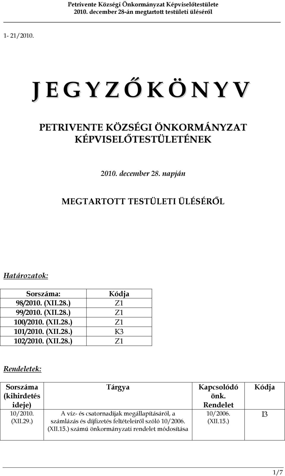 (XII.28.) K3 102/2010. (XII.28.) Z1 Rendeletek: Sorszáma (kihirdetés ideje) 10/2010. (XII.29.