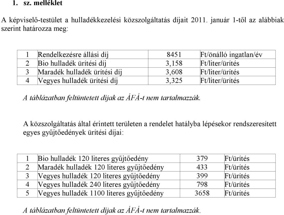 Ft/liter/ürítés 4 Vegyes hulladék ürítési díj 3,325 Ft/liter/ürítés A táblázatban feltüntetett díjak az ÁFÁ-t nem tartalmazzák.