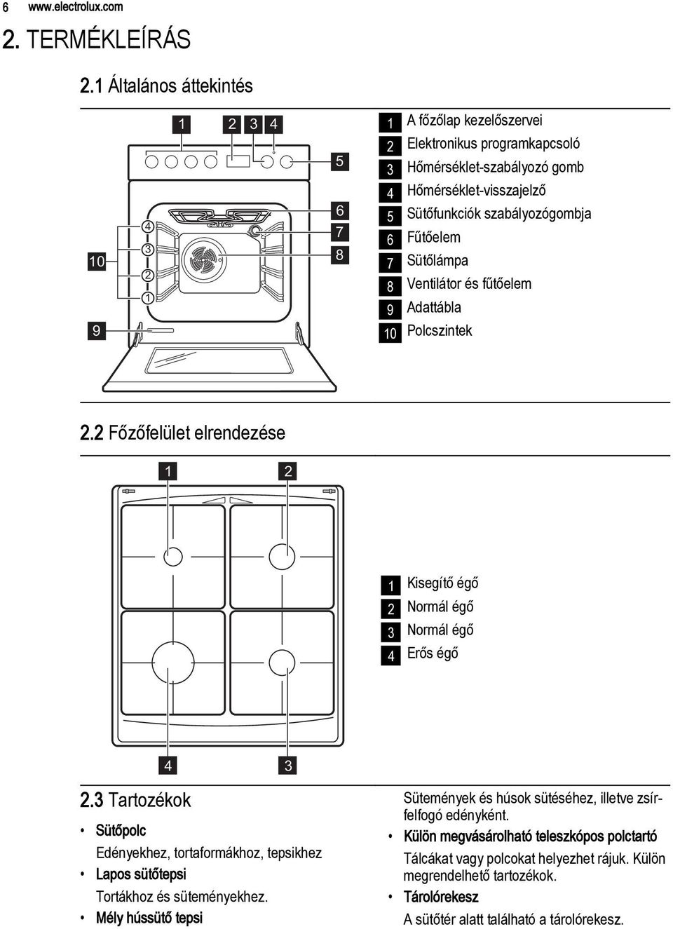 szabályozógombja 6 Fűtőelem 7 Sütőlámpa 8 Ventilátor és fűtőelem 9 Adattábla 10 Polcszintek 2.2 Főzőfelület elrendezése 1 2 1 Kisegítő égő 2 Normál égő 3 Normál égő 4 Erős égő 4 2.