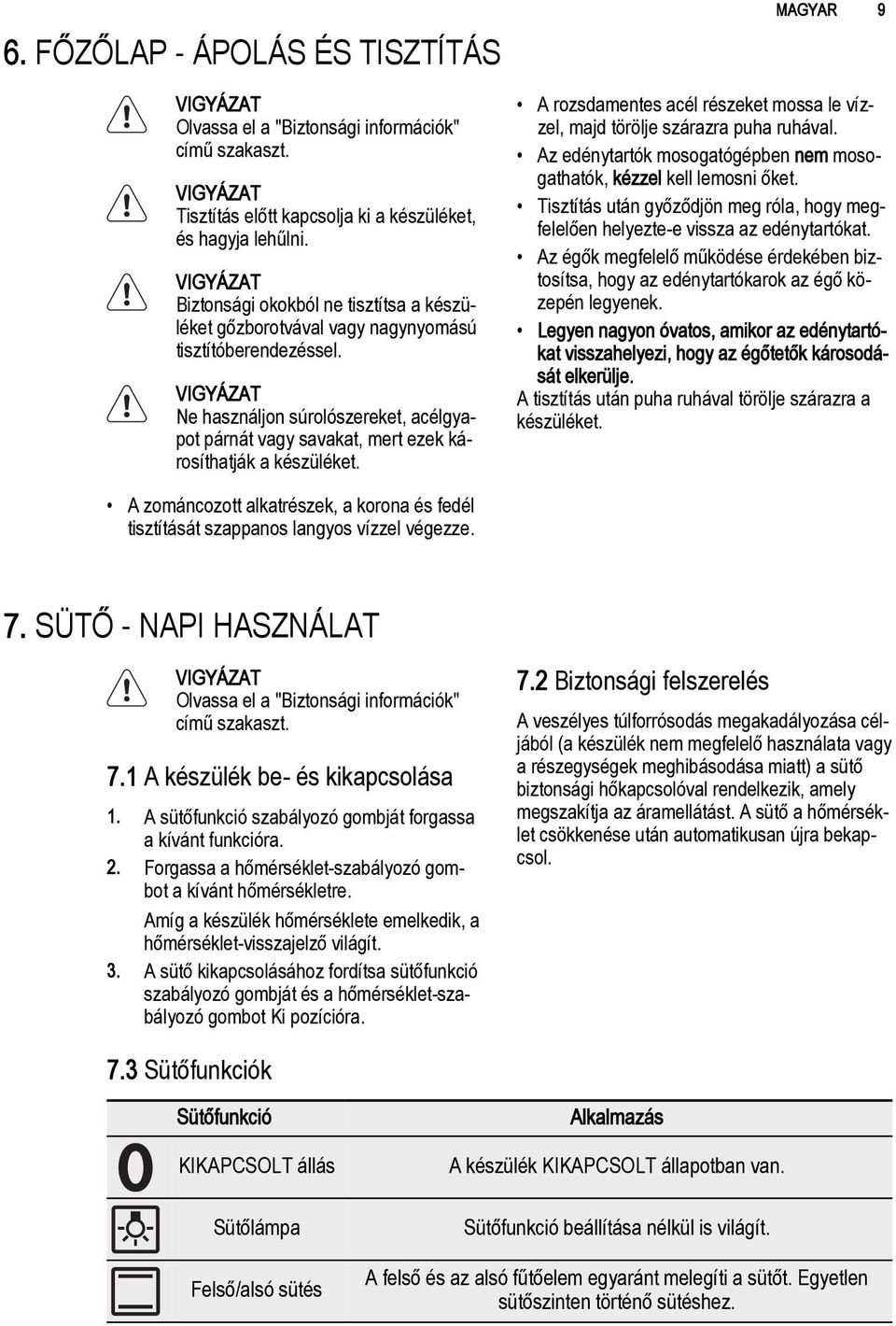MAGYAR 9 A rozsdamentes acél részeket mossa le vízzel, majd törölje szárazra puha ruhával. Az edénytartók mosogatógépben nem mosogathatók, kézzel kell lemosni őket.