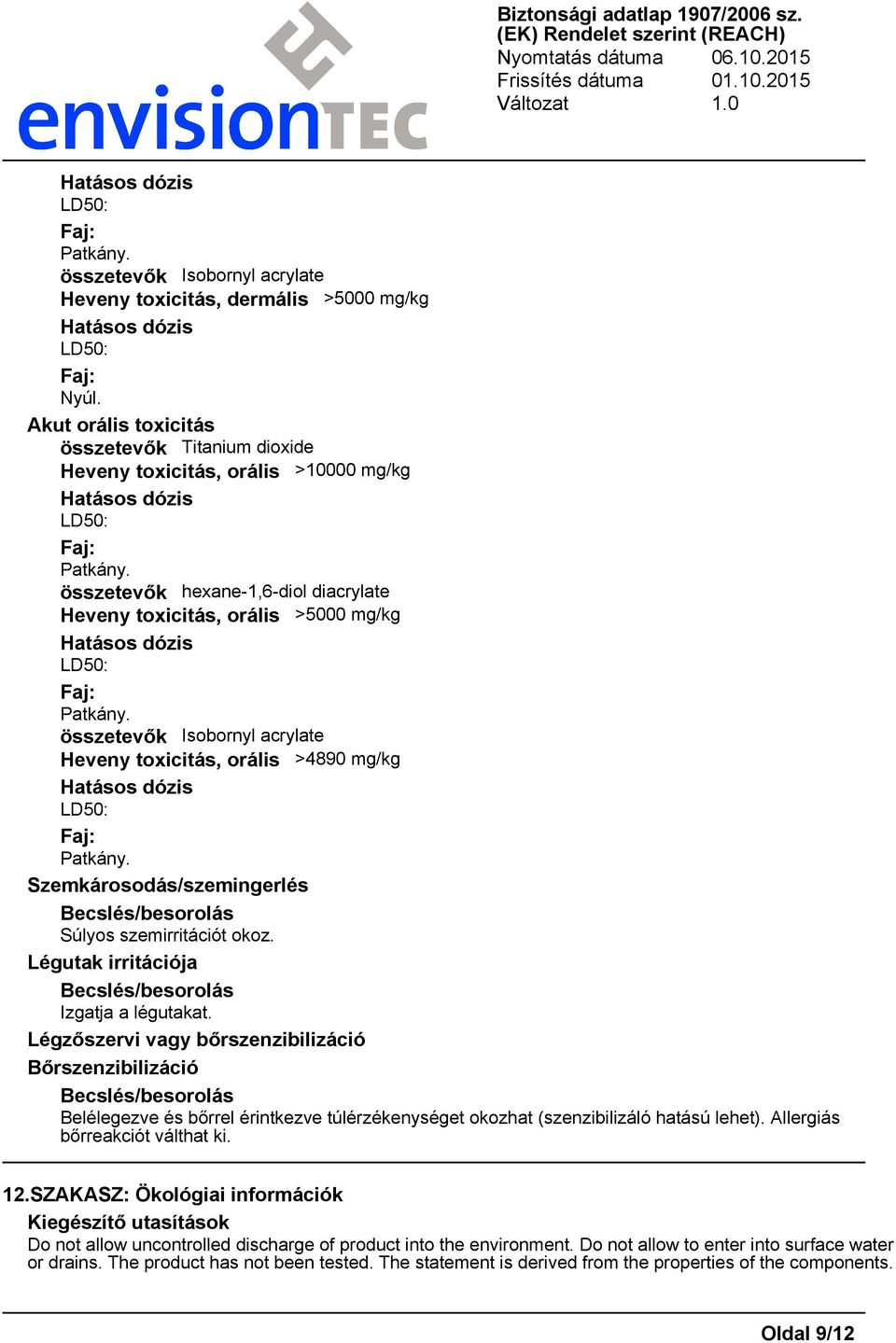 összetevők hexane-1,6-diol diacrylate Heveny toxicitás, orális >5000 mg/kg LD50: Faj: Patkány. összetevők Isobornyl acrylate Heveny toxicitás, orális >4890 mg/kg LD50: Faj: Patkány.