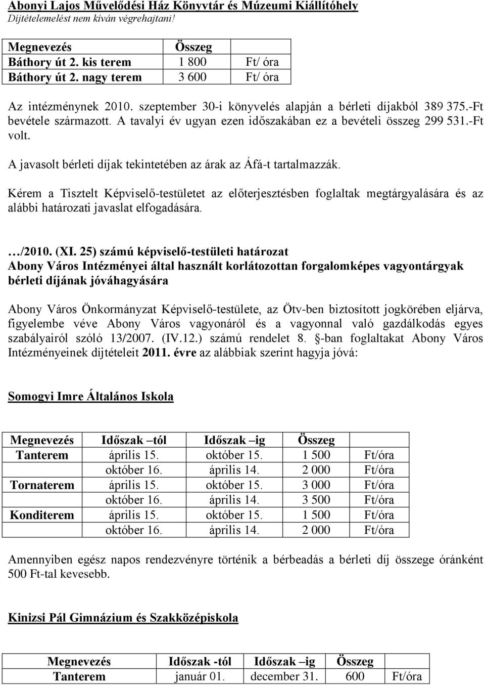 A javasolt bérleti díjak tekintetében az árak az Áfá-t tartalmazzák. Kérem a Tisztelt Képviselő-testületet az előterjesztésben foglaltak megtárgyalására és az alábbi határozati javaslat elfogadására.