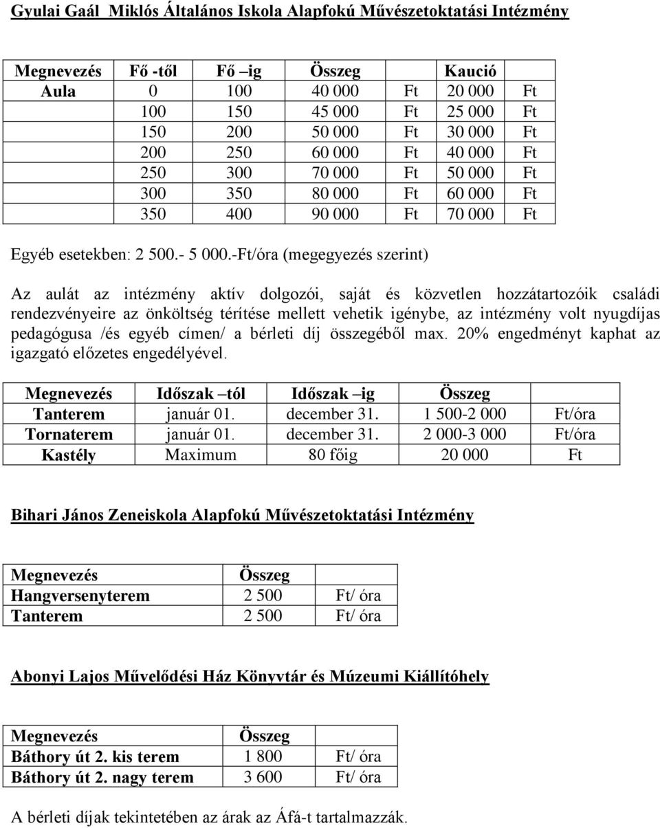 -Ft/óra (megegyezés szerint) Az aulát az intézmény aktív dolgozói, saját és közvetlen hozzátartozóik családi rendezvényeire az önköltség térítése mellett vehetik igénybe, az intézmény volt nyugdíjas