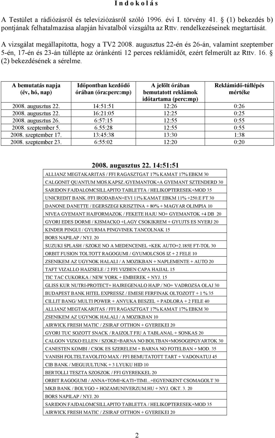 (2) bekezdésének a sérelme. A bemutatás napja (év, hó, nap) Időpontban kezdődő órában (óra:perc:mp) A jelölt órában bemutatott reklámok időtartama (perc:mp) Reklámidő-túllépés mértéke 08.