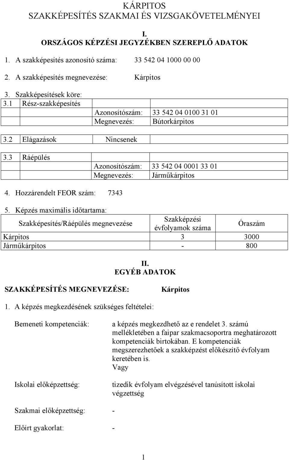 3 Ráépülés Azonosítószám: 33 542 04 0001 33 01 Megnevezés: Járműkárpitos 4. Hozzárendelt FEOR szám: 7343 5.