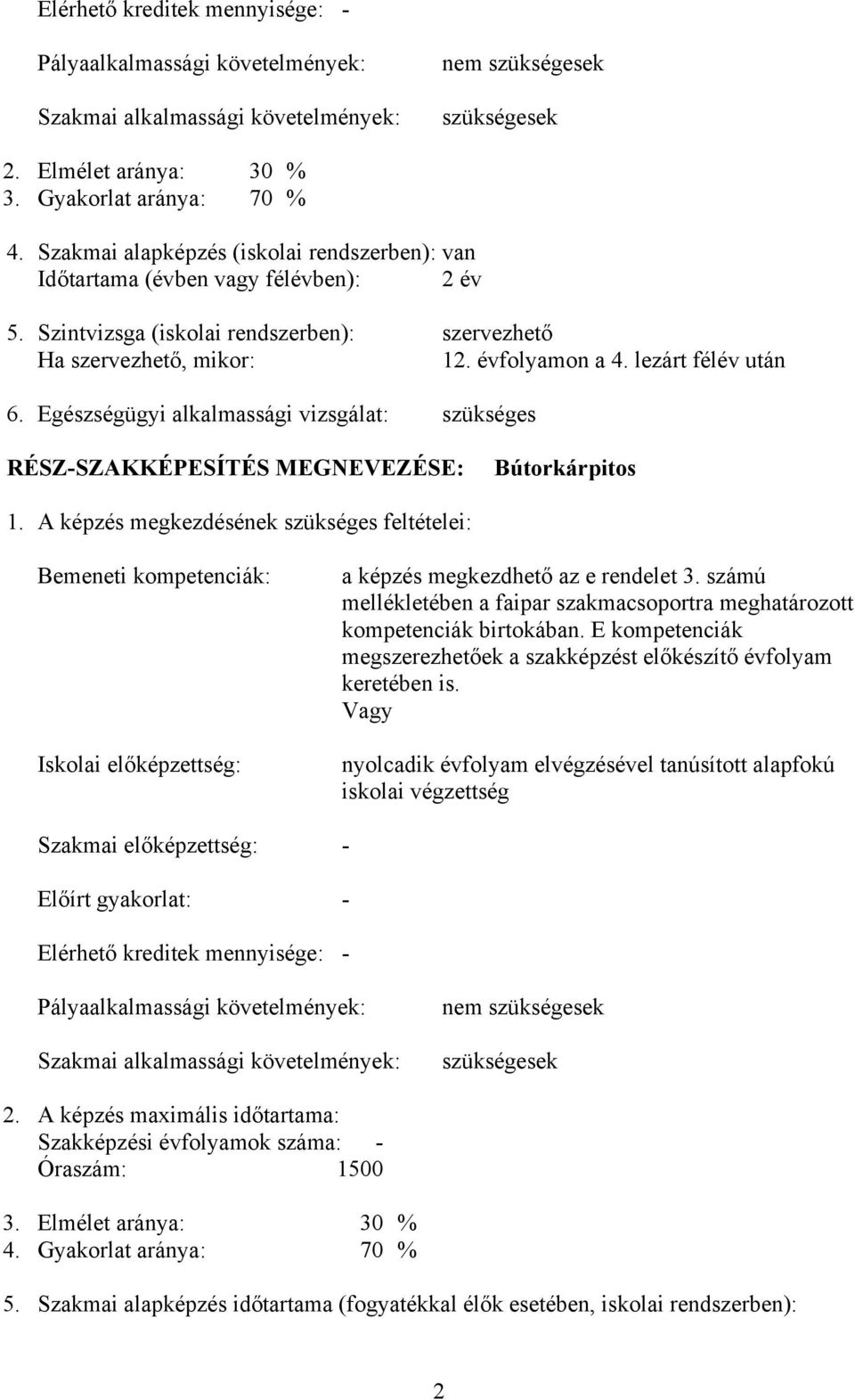 Egészségügyi alkalmassági vizsgálat: szükséges RÉSZ-SZAKKÉPESÍTÉS MEGNEVEZÉSE: Bútorkárpitos 1.