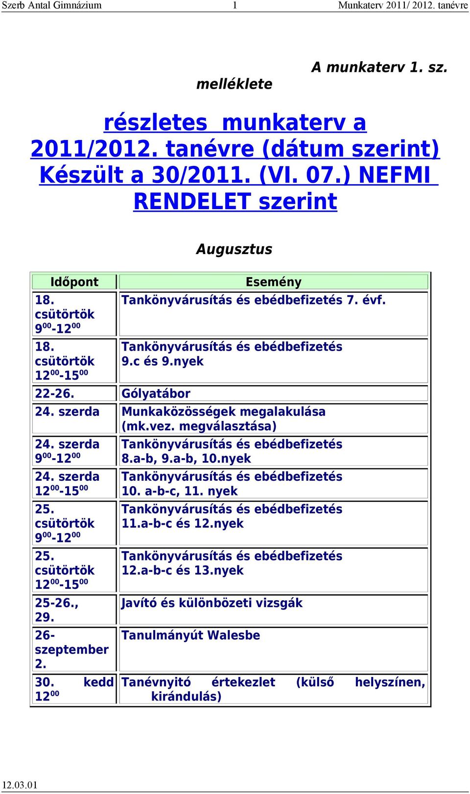 megválasztása) 24. szerda Tankönyvárusítás és ebédbefizetés 9 00-12 00 8.a-b, 9.a-b, 10.nyek 24. szerda Tankönyvárusítás és ebédbefizetés 12 00-10. a-b-c, 11. nyek 25. 9 00-12 00 25. 12 00-25-26., 29.